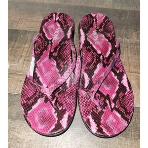 Vionic Corfu Sandals Women's Size 7 Flip Flop Black PInk Snake Print